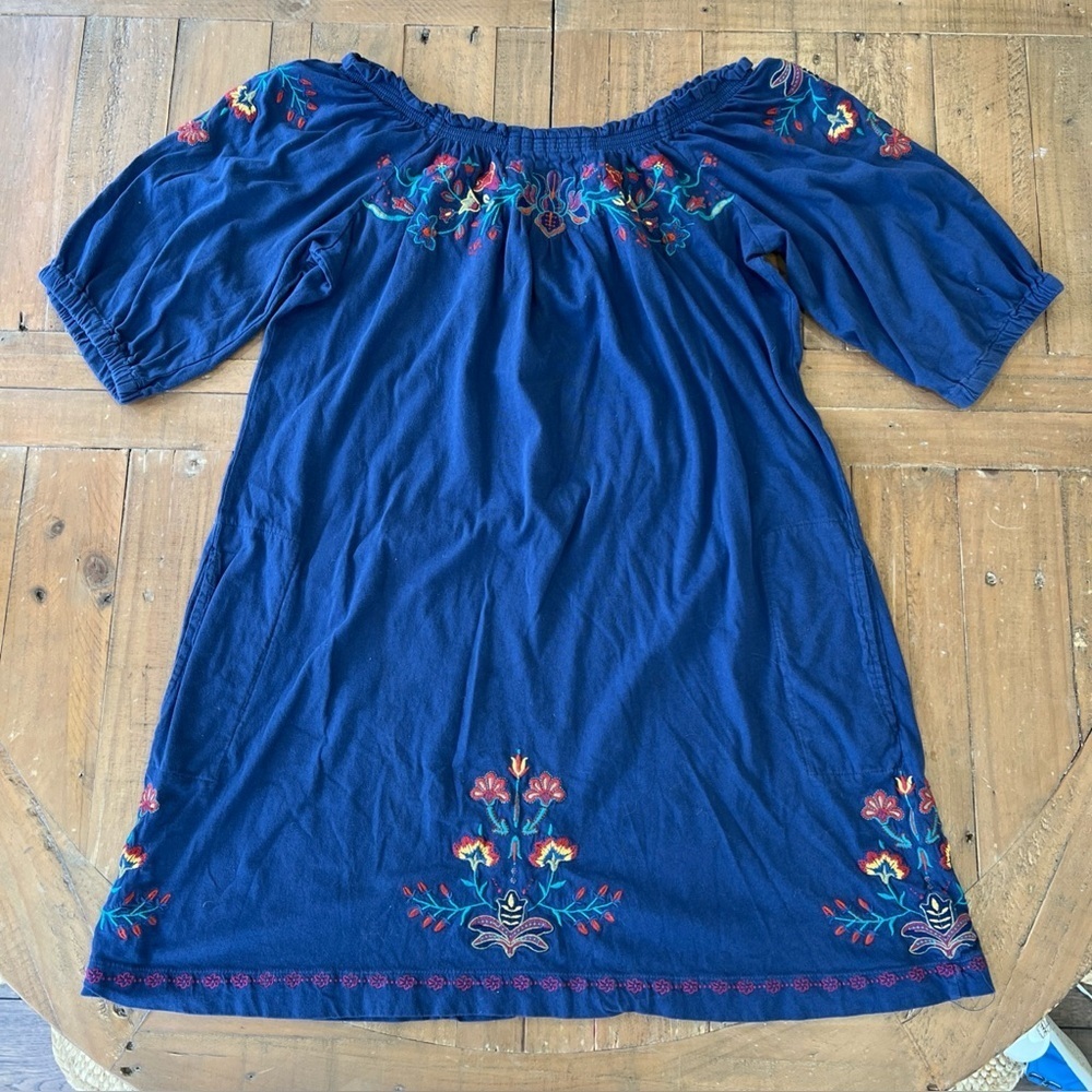 Johnny Was Off The Shoulder Floral Embroidered Dress Medium Blue Boho Chic